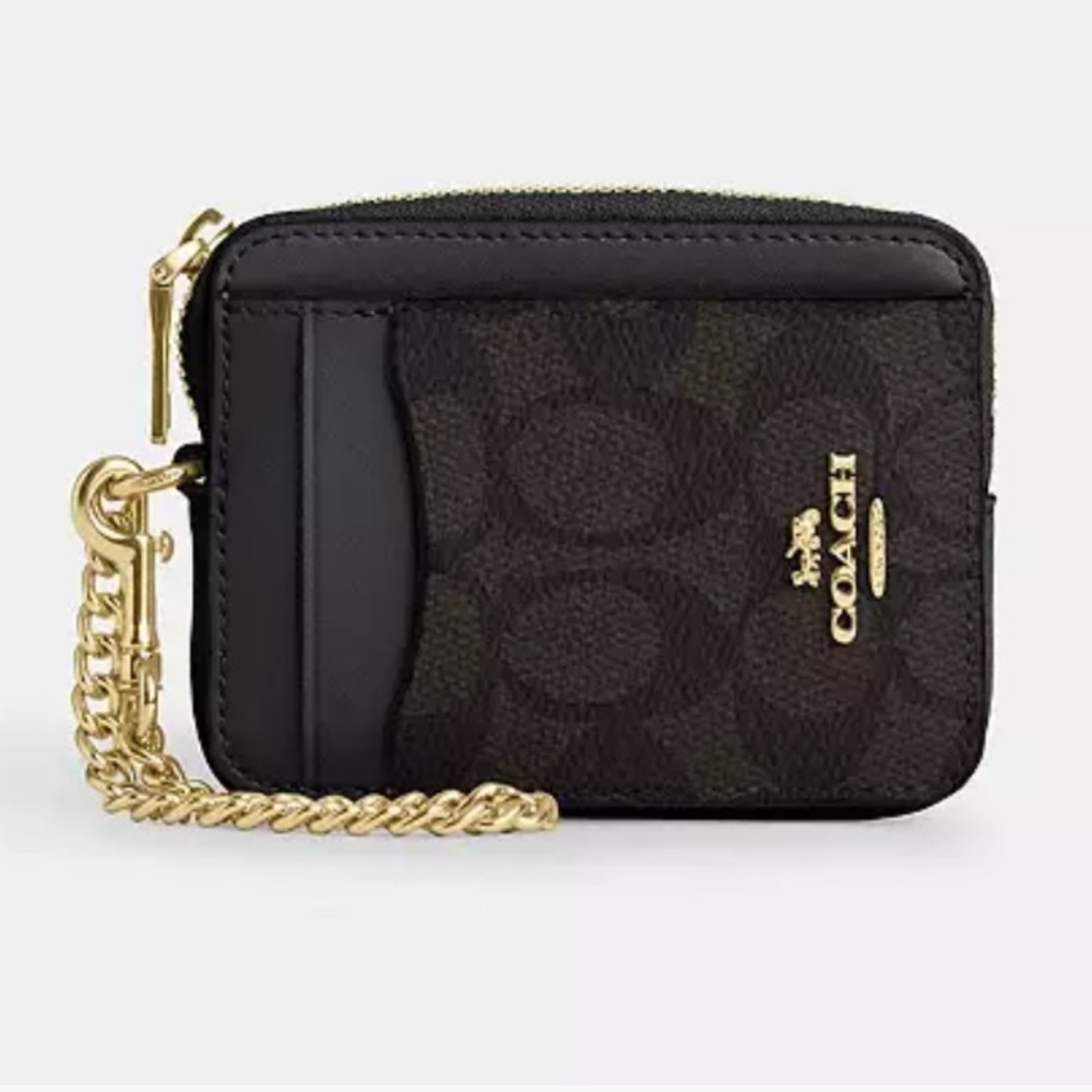 Coach Two-Tone Brown and Black Leather Card Case with Gold Chain
